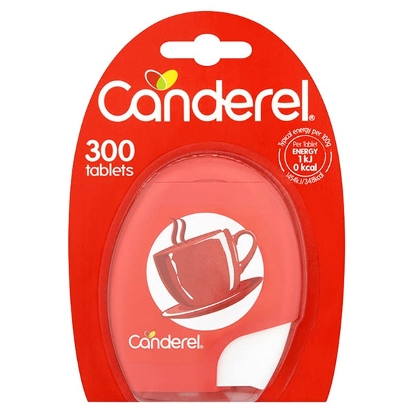 The Canderel Sweetener Tablets come in vibrant red packaging, containing 300 calorie-free alternatives to sugar. Featuring a steaming cup image and nutritional info of just 1 kilojoule per tablet, it’s perfect for your tabletop sweetener needs.