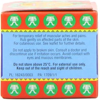 Image of Tiger Balm Red Ointment (19g) box with a blue label providing instructions and warnings. Advises temporary muscle relief use, similar to other Tiger Balm products, including cautionary notes to avoid irritated skin and eye contact.