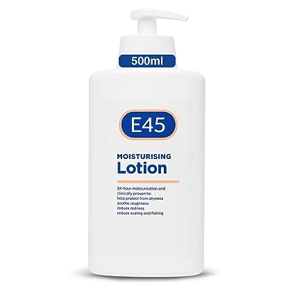 The E45 Lotion Pump (500ml) is crafted for dry, sensitive skin. This hypoallergenic lotion delivers 24-hour moisture to protect against dryness, roughness, and scaling. The white bottle with blue and orange accents offers an eye-catching design.