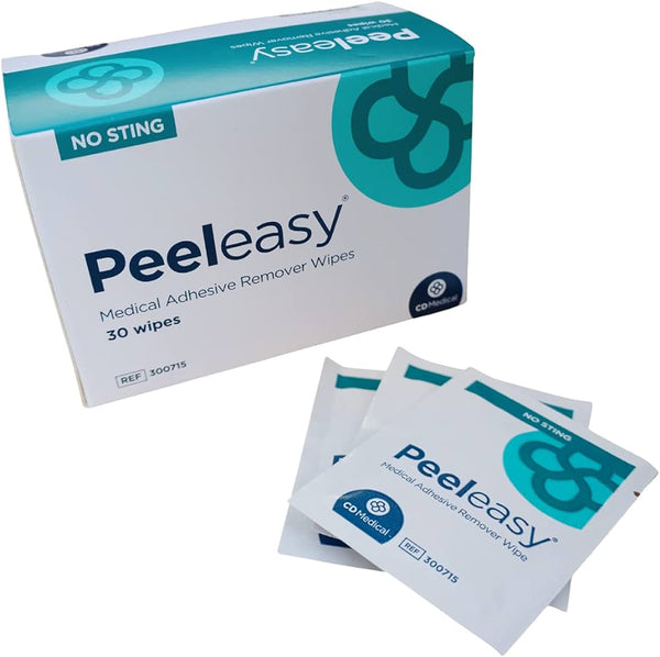 The image shows a box and three packets of CD Medical Peeleasy Wipes. The mainly white box with teal accents contains 30 adhesive remover wipes, matching the branding on the packets, ideal for gently removing silicone compounds.