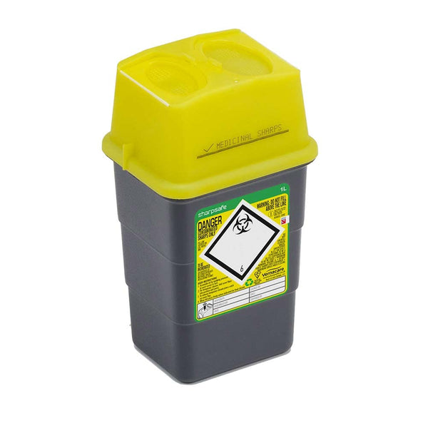 The Sharpsguard Sharpsafe Medical Sharps Bin Tub (1L) is a yellow and gray container with a biohazard label, designed for the safe disposal of needles and other sharp medical waste.