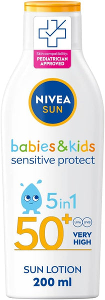 The 200ml Nivea Sun Kids Sensitive Lotion SPF50+ combines 5 in 1 UVA/UVB protection, is extra water-resistant, dermatologist approved, adorned with a cheerful cartoon character, and labeled Sensitive Protect for ultimate safety.