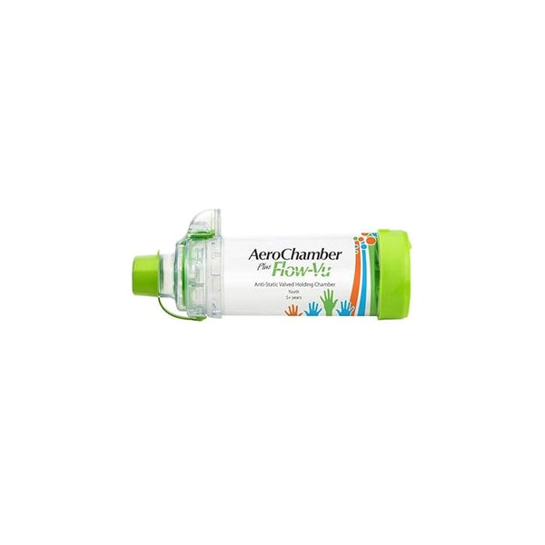 The Aerochamber Plus Flow-Vu Youth Green by AeroChamber is an anti-static chamber for inhalers, showcased on a white background. It features a green mouthpiece and end cap, with a clear body decorated with colorful handprints on the label.