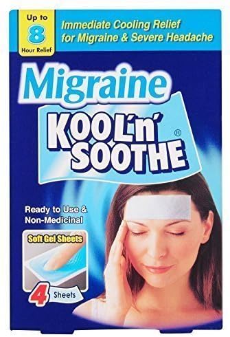 Packaging for Kool N Soothe Migraine x4 Gel Sheets features a woman with a gel sheet on her forehead, promising up to 8-hour migraine and headache relief. The box contains 4 ready-to-use, non-medicinal gel sheets.