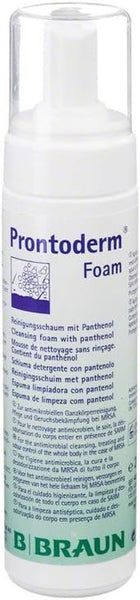 Prontoderm Foam 200ml by Braun is perfect for sensitive skin, featuring a foaming pump dispenser and clear cap. The label provides information in German, English, and French for gentle care in multiple languages.