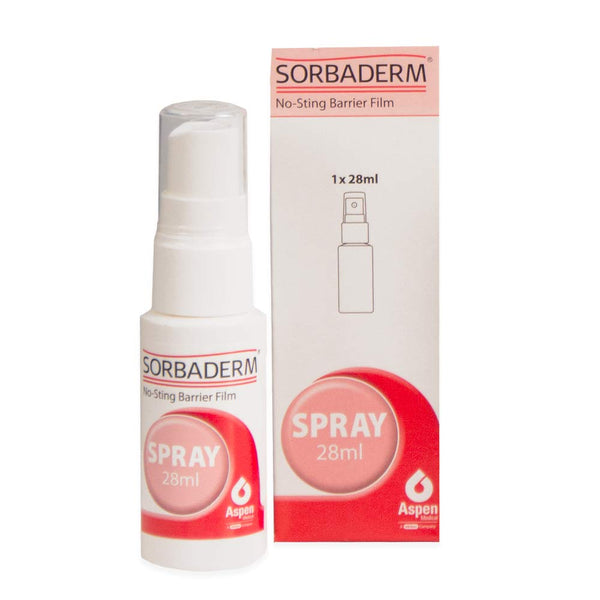 A 28ml bottle of Sorbaderm No-sting Barrier Film Spray for skin protection and moisture damage prevention is displayed with its packaging. The white spray bottle and box feature red accents and prominently showcase the Sorbaderm brand with an illustration of the spray nozzle.