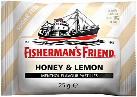 A pack of Fishermans Friend Honey and Lemon Menthol Lozenges 25g (24 Packs), sugar-free, with a fishing boat and gold stripes on the pack—ideal for soothing coughs and colds.