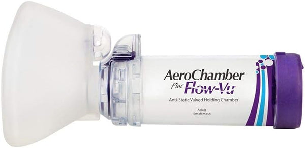 The Aerochamber Plus Flow-Vu Small Adult Mask by AeroChamber is an anti-static valved holding chamber, expertly designed with purple accents for inhalation therapy to improve asthma medication delivery.