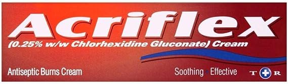 Acriflex Antiseptic Cream (30g) in red packaging contains 0.25% w/w Chlorhexidine Gluconate, highlighting its soothing touch for minor burns. A medical cross in the bottom right enhances trust in its healing power.