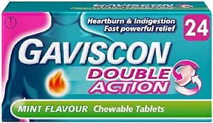 Image of a Gaviscon Double Action Mint Flavour Chewable (24 Tablets) box, emphasizing indigestion relief with graphic elements like a flame and arrow circle for fast-acting heartburn relief. The packaging features the Gaviscon brand against a turquoise background.