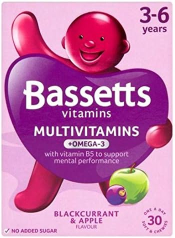 The image shows a package of Bassetts Omega-3 Multi-vitamins for ages 3-6, containing 30 soft pastilles that support mental performance with a blackcurrant and apple flavor. The packaging features a purple figure holding a heart-shaped logo.