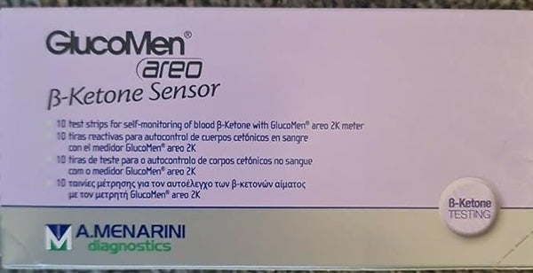 An image of a Glucomen Aero B Ketone box displays 10 test strips for self-monitoring blood β-ketone. The design is sleek with multilingual text, and the Glucomen LX logo in the lower left corner signifies precision in B-ketone testing.