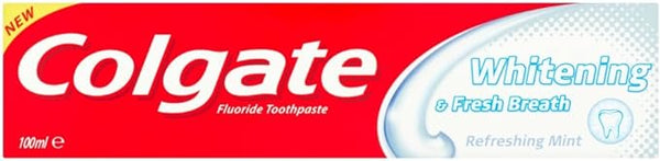The 100ml Colgate Whitening Fresh Breath Toothpaste box has a red design with Colgate in bold white letters. The right side showcases Whitening & Fresh Breath and Refreshing Mint alongside a tooth icon, promising effective results for fresh breath with every brush.