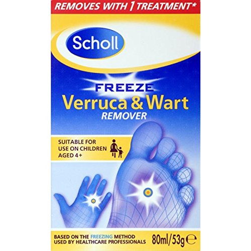 Scholl Freeze Wart And Verruca Treatment (80ml) packaging showcases a blue and yellow design with a foot illustration highlighting common wart areas. Suitable for children 4+, it often removes warts with one treatment.