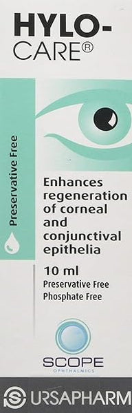 Hylo Care Preservative Free Eye Drops (10ml) by Hylo Care feature a preservative-free and phosphate-free formula, designed to relieve dry eyes and support corneal and conjunctival epithelium regeneration. The packaging includes a blue eye graphic.