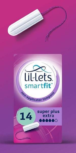 A box of Lil-Lets Non-applicator Tampons Super Plus (10 count) rests on a purple gradient background, designed for heavy flow with super plus absorbency. One tampon is displayed above the box.