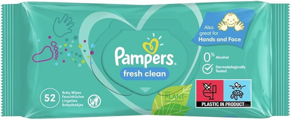 The Pampers Fresh Clean Baby Wipes (52 Pack) by Pampers comes in a teal packaging with heart and hand graphics, featuring text highlighting use for hands and face. These wipes are dermatologically tested, contain 0% alcohol for safe baby cleansing, include 52 wipes per pack, and carry a plastic-in-product warning.