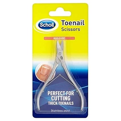 Scholl Toenail Scissors are showcased on the packaging, highlighting their effectiveness for thick toenails. Set against a yellow backdrop with a blue gradient, the package aligns with Scholls foot care range, including items like medicated plasters.