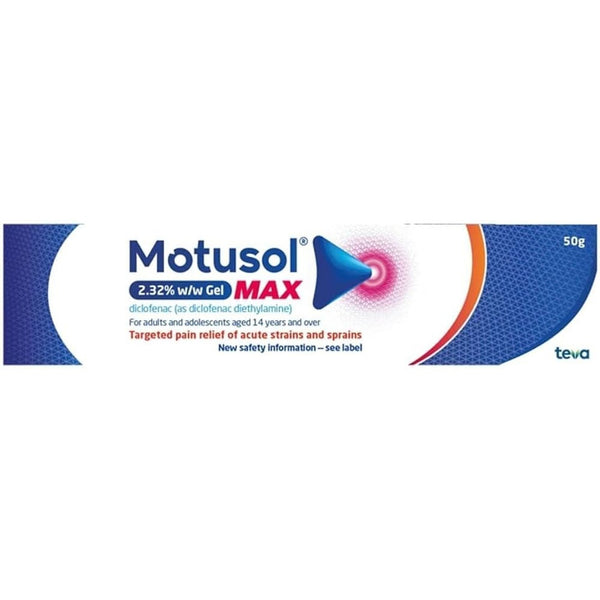 Motusol Max 2.32% Diclofenac Gel (100g) by Motusol for topical pain relief of strains and sprains; main packaging is white with blue and orange accents, featuring the Motusol logo in the bottom right corner.