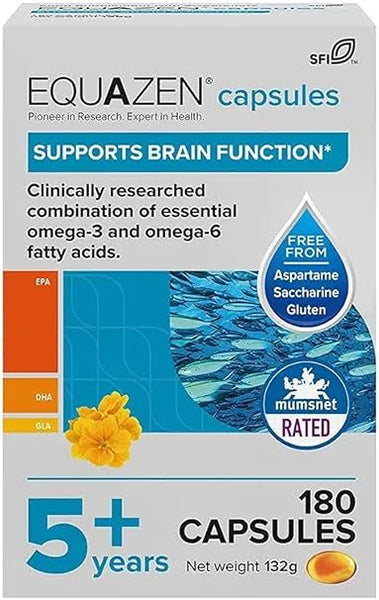 Equazen Eye Q Capsules (180 Count) box features product details, highlighting brain function support with omega-3 and omega-6 fatty acids, a Mumsnet rating, suitability for ages 5+, and being free from aspartame, saccharine, and gluten.