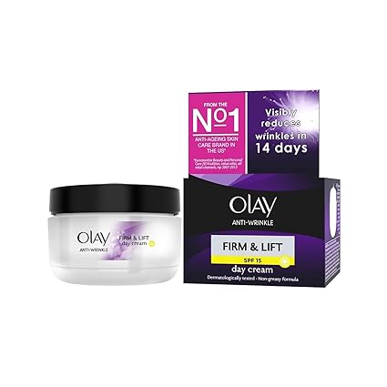 The Olay Anti-Wrinkle Firm & Lift Day Cream (50ml) in purple and white packaging offers potent anti-aging benefits with SPF 15, enriched with niacinamide for reducing visible wrinkles in 14 days.