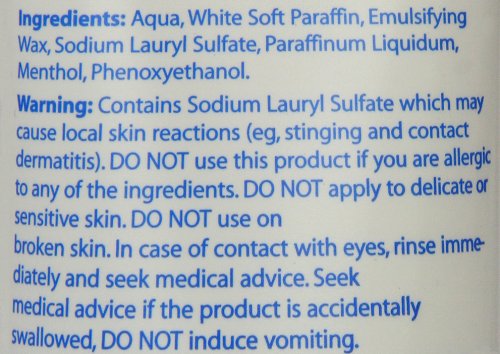 Close-up of Dermacool Menthol Aqueous Cream 1% (100g) label in blue, listing ingredients like Aqua and White Soft Paraffin. It highlights menthol for skin irritation relief, warns against use on delicate or allergic skin, and advises seeking medical attention if ingested.