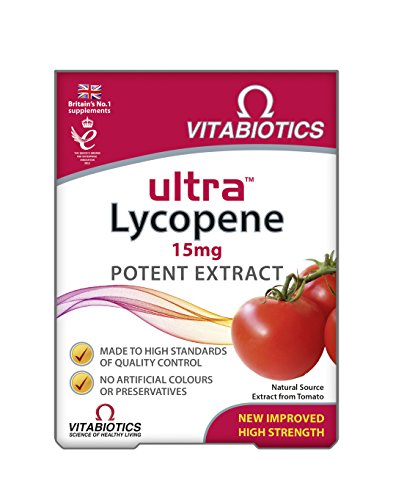 The Vitabiotics Ultra Lycopene (30 Tablets) package showcases 15mg Potent Extract, emphasizing antioxidant-rich tomato extract. With a British flag, it assures Made to High Standards, and features No Artificial Colours and a Natural Source Extract from Tomato.