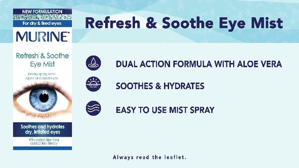 Murine Refresh and Soothe Eye Mist (10ml) by Murine features a dual action formula with aloe vera to soothe and hydrate dry eyes. Safe for contact lens wearers, the easy mist spray comes in blue and white packaging with an eye image.