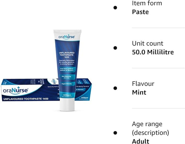 A 50ml tube of Oranurse Unflavoured Toothpaste is shown with its box. This SLS-free, vegan-friendly paste offers fluoride protection, designed for adults without mint flavor.