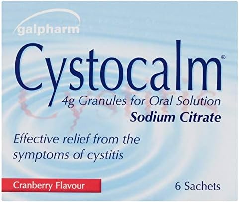 The image shows a box of Galpharm Cystocalm Sachets (6 Pack), containing cranberry-flavored sodium citrate granules for oral solution, providing effective cystitis relief and soothing bladder inflammation symptoms.