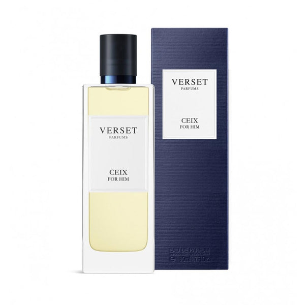 A clear 50ml Verset Ceix bottle stands beside its navy blue box, both featuring black text on white labels. Verset Ceix by Verset delivers a fragrance inspired by Paco Rabanne's Invictus.
