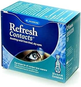 Try Refresh Contacts preservative-free eye drops by Allergan, conveniently packaged in a soothing blue box. Designed for contact lens wearers, these 20 single-use vials (0.4 ml each) provide quick relief for tired, dry eyes, ensuring all-day comfort.