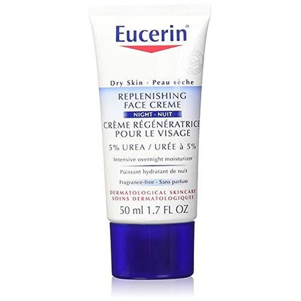 The Eucerin Urea Replenishing Day Face Cream (50ml) promises deep hydration with 5% urea. The white packaging with blue accents is labeled for dry skin in English and French and contains 1.7 fl oz of product.