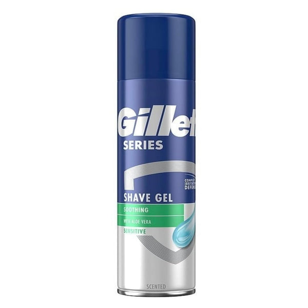 The Gillette Series Sensitive Skin Shave Gel (200ML) features a blue can labeled with Gillette and Shave Gel in white, accented by a green stripe to emphasize its aloe vera formula for gentle shaving.