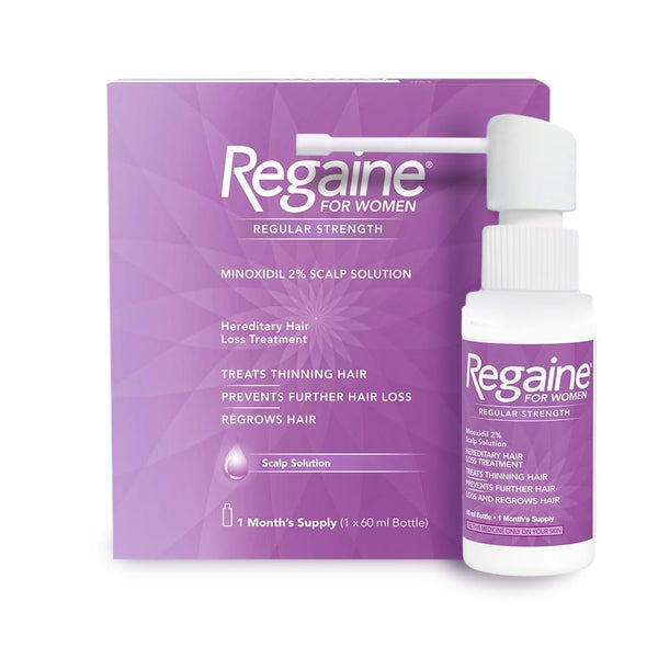 A box and bottle of Regaine For Women - Strength Scalp Solution (60ml) with Minoxidil 2%, comes in purple packaging to combat thinning hair, promote thicker, fuller hair, prevent further loss, and stimulate regrowth.