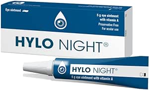 The Hylo Care Hylo Night Ointment 5g, for night-time dry eye relief, features preservative-free vitamin A and comes in a tube with its blue and white box featuring a droplet icon.