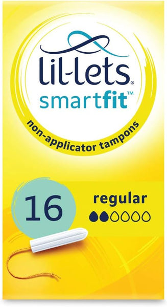 The yellow and white packaging of Lil-Lets Non-applicator Regular Smartfit Tampons (10 count) includes a tampon graphic and 16 regular text, ideal for light to medium flow, ensuring comfort with an absorbency indicator.