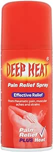 A 150ml red can of Deep Heat Pain Relief Spray by Deep Heat, labeled Effective Relief for rheumatic pain, muscle aches, and strains. The base highlights Pain Relief Plus Heat with a checkmark icon, emphasizing its potent heat therapy benefits.