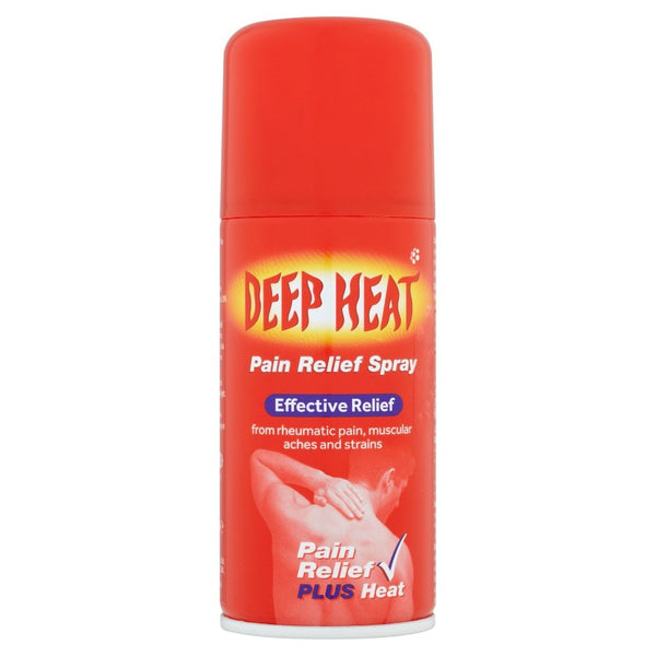 The red and white 150ml Deep Heat Pain Relief Spray offers effective relief from rheumatic pain, muscular aches, and strains. It features a quick-drying formula with Pain Relief PLUS Heat for enhanced soothing, as highlighted on the packaging.