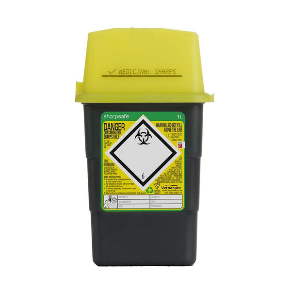 The Sharpsguard Sharpsafe Medical Sharps Bin Tub (1L) is a black bin with a yellow lid and biohazard symbol, designed for secure and compliant disposal of needles and other sharp medical waste in healthcare settings.