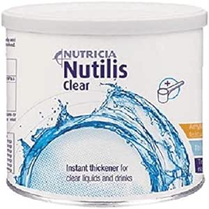 A white Nutilis container labeled Nutilis Clear Thickener for Food and Drink (175g) features a splash of water. This instant thickener aids those with dysphagia, allowing safe enjoyment of clear liquids and drinks.