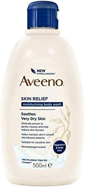 The 500ml Aveeno Daily Moisturising Body Wash, ideal for very dry and sensitive skin, is hypoallergenic and clinically tested. It contains a pre-biotic triple oat complex with colloidal oatmeal and no added fragrance, offering soothing comfort daily.