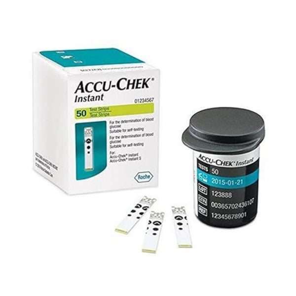 An Accu-Chek Instant box with 50 blood glucose test strips is next to a black-labeled container, and three strips are neatly arranged in front.