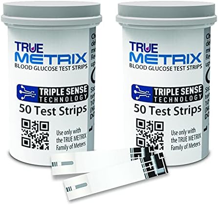 The True Metrix Strips by Trividia Health, featuring Triple Sense Technology, come in a pack of 100 with two individual strips shown for effective diabetes management.