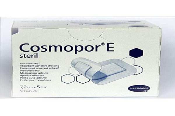 The image shows a box of Cosmopor E Adhesive dressings, predominantly white with blue text and hexagonal designs. The packaging holds 50 dressings, each measuring 7.2 cm x 5 cm, and features a hypoallergenic synthetic adhesive for gentle care.