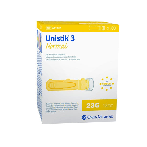 Image of a box of Unistik 3 Normal Single Use Safety Lancets (100s) by Unistik shows their Comfort Zone Technology. The package is mainly white and yellow, featuring an image of the lancet and detailing its 23G size with a depth of 1.8 mm for seamless use and optimal convenience.