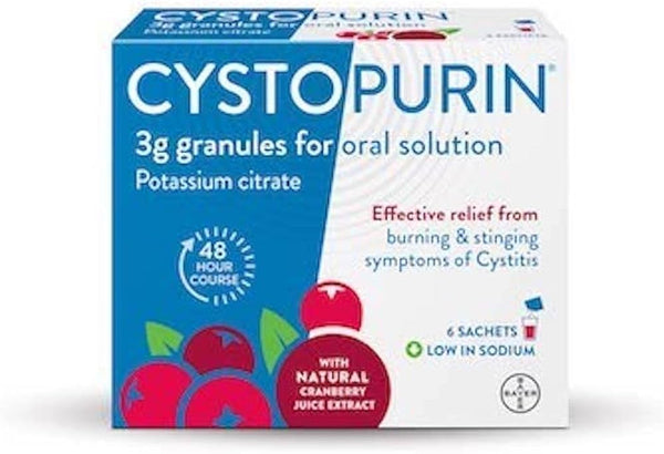 The image shows a box of Cystopurin Cystitis Relief, featuring cranberry-flavored potassium citrate granules. This fast-acting solution offers cystitis relief with natural cranberry juice extract and includes six low-sodium sachets for a 48-hour course.