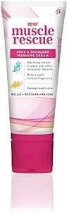 Tube of Deep Heat Muscle Rescue Neck & Shoulder Rub (50g) by Deep Heat, featuring a pink and white design. The descriptive text emphasizes ingredients and benefits, expertly targeting muscular tension for relaxation, restoration, and revitalization.