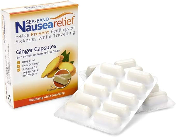 The Sea-Band Nausea Relief Ginger Cap (20) is shown in a box labeled for travel sickness. Its drug-free, non-drowsy, and suitable for vegetarians and vegans. A blister pack of white capsules is beside the box, ensuring a smoother journey.