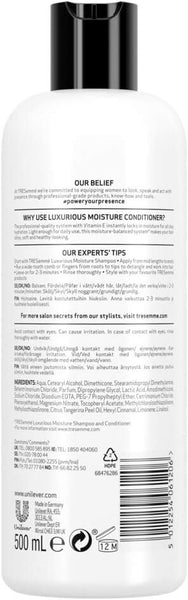 The back of a 500ml TRESemmé Moisture Rich Conditioner bottle showcases intense moisturization with vitamin E, an ingredients list, usage tips, and a UPC barcode. This white bottle features sleek black text and a matching cap.
